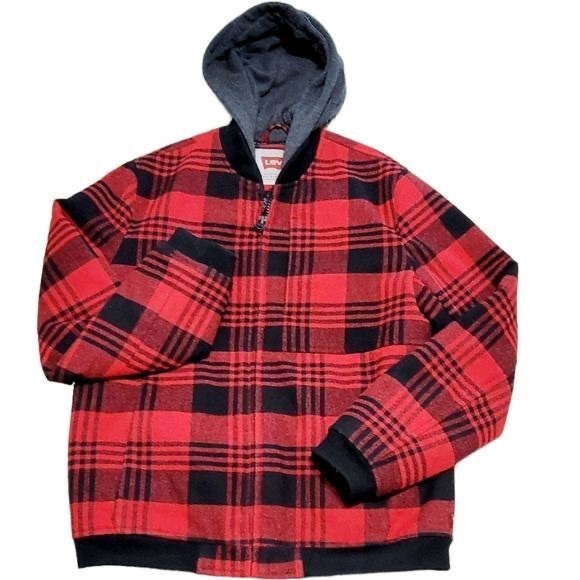 Levi's Red Black Buffalo Plaid Full Zip Hooded Jacket Coat Men Size XXL - Picture 2 of 15